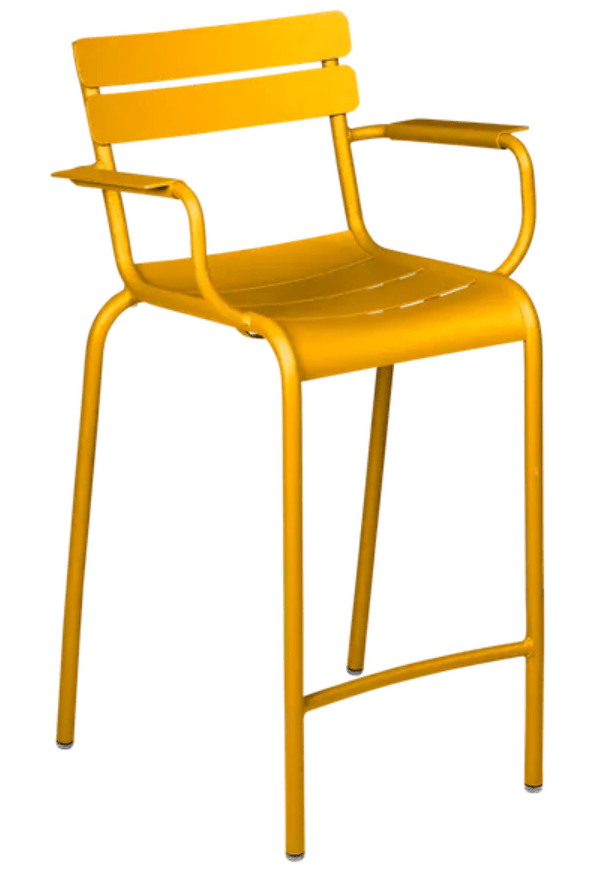 Load image into Gallery viewer, Fermob Luxembourg high bar armchair with honey-colored wooden armrests and sleek metal frame, modern design for bar seating.
