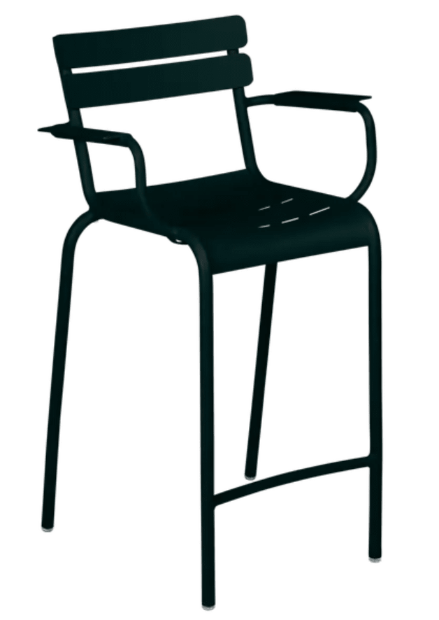 Load image into Gallery viewer, Luxembourg high bar armchair by Fermob with Liquorice-colored upholstery and sleek metal legs, stylish for modern bar settings.
