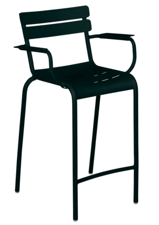 Luxembourg high bar armchair by Fermob with Liquorice-colored upholstery and sleek metal legs, stylish for modern bar settings.