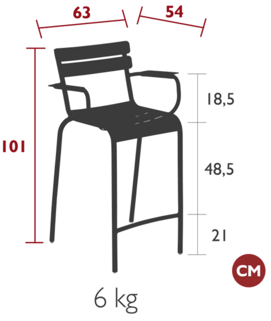 Luxembourg high bar armchair by Fermob with a curved back and metal frame, shown in a modern outdoor setting.