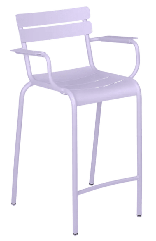 Marshmallow blue Fermob Luxembourg high bar armchair with a sleek, modern design and high armrests.