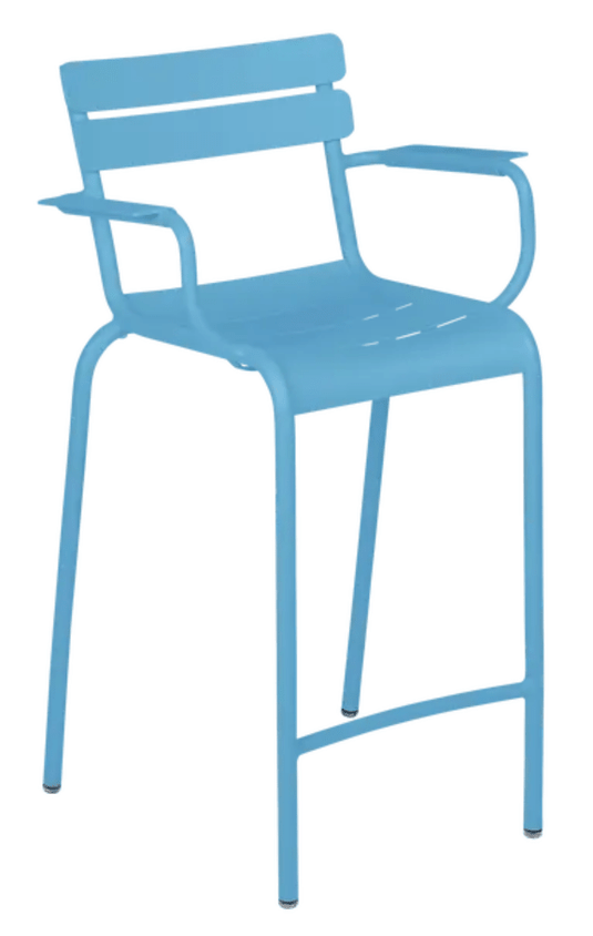 Maya blue Fermob Luxembourg high bar armchair with a high back and armrests, stylish outdoor seating for cafes or patios.