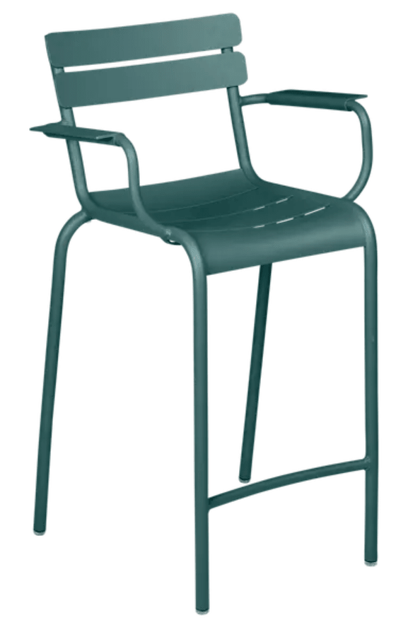 Load image into Gallery viewer, Storm grey Fermob Luxembourg high bar armchair with a modern design, featuring a high back and sturdy metal frame.
