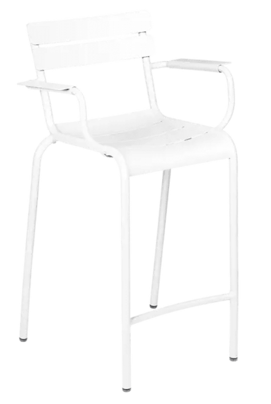 White Fermob Luxembourg high bar armchair with a modern design, showcasing its sleek wooden frame and comfortable seating.