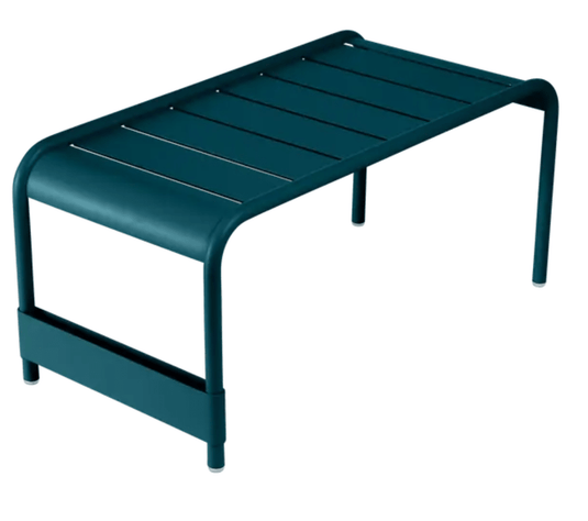 Fermob Luxembourg large low table or bench, 86x44 cm, with a sleek wooden surface and metal frame, outdoor furniture piece.