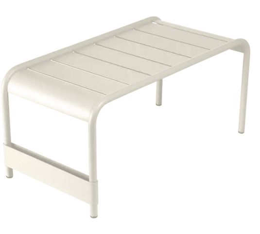 Fermob Luxembourg large low table and bench in Clay Grey, measuring 86x44 cm, with a sleek modern design and smooth surface.