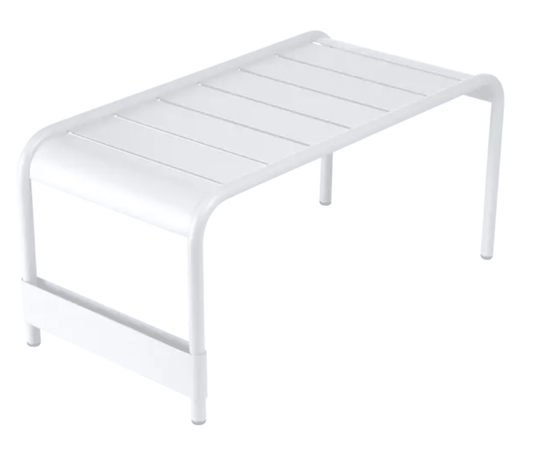 Fermob Luxembourg large low table and bench in cotton white, measuring 86x44, showing a sleek, modern outdoor furniture piece.