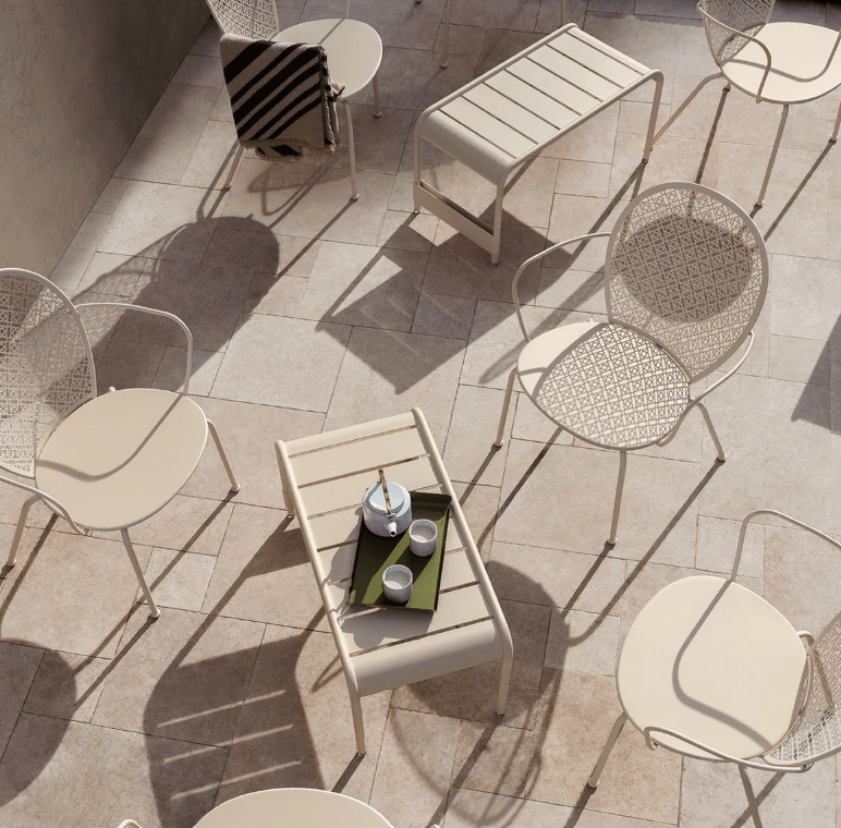 Load image into Gallery viewer, Fermob Luxembourg large low table and bench measuring 86x44, made of durable outdoor furniture with a sleek wooden design.
