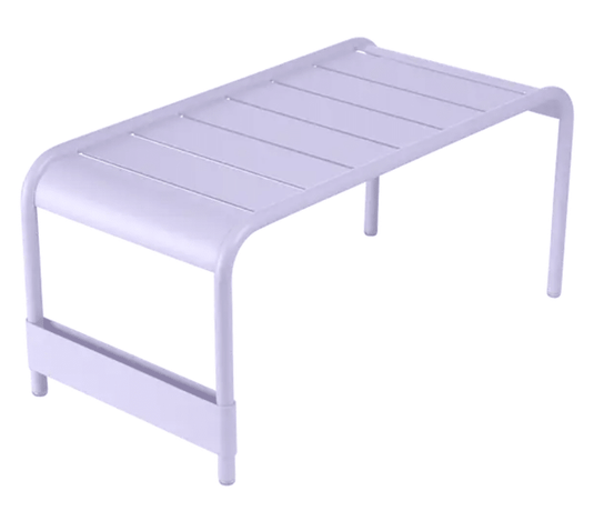 Fermob Luxembourg large low table and bench in a marshmallow color, measuring 86x44 centimeters, made of outdoor-friendly material.
