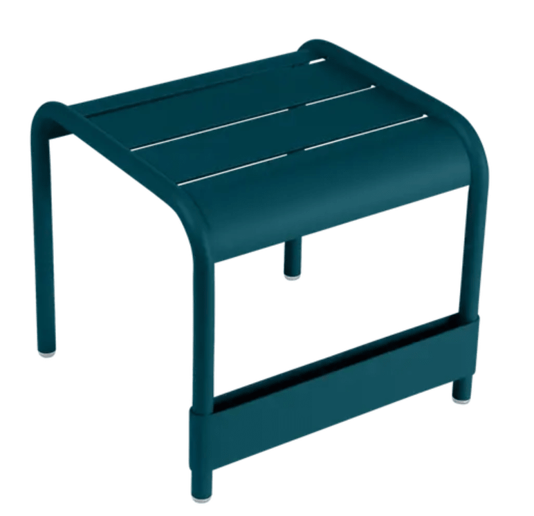 Load image into Gallery viewer, Fermob Luxembourg small low table and footrest in Acapulco Blue, measuring 44x42 cm, suitable for indoor or outdoor use.
