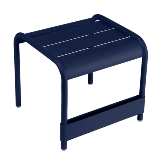 Fermob Luxembourg small low table footrest in deep blue, measuring 44x42 cm, suitable as a table or footrest for indoor or outdoor use.
