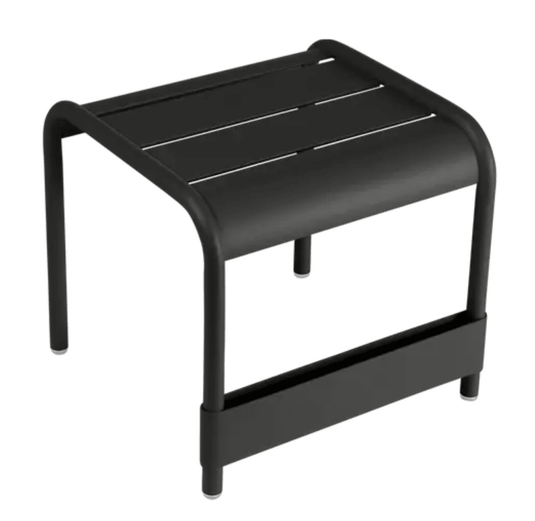 Fermob Luxembourg small low table or footrest in Liquorice color, measuring 44x42 cm, with a modern outdoor design.