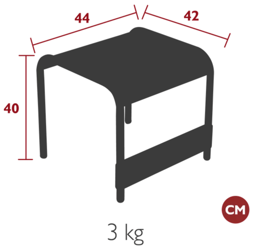 Fermob Luxembourg small low table or footrest, 44x42 cm, with a sleek design and metal construction for indoor or outdoor use.