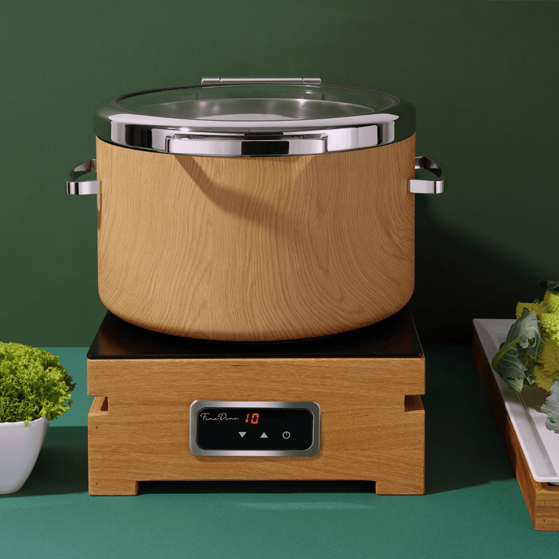 Load image into Gallery viewer, Madeira De Luxe Induction chafing dish round 11l with glass lid - Custom Wood DesignsRound 11L Madeira De Luxe induction chafing dish by Fine Dine with glass lid, featuring a sleek stainless steel design for warming food.Induction warmer473542
