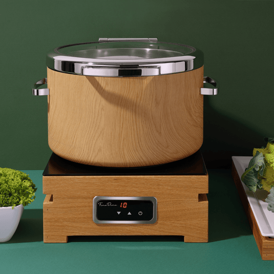 Madeira De Luxe Induction chafing dish round 11l with glass lid - Custom Wood DesignsRound 11L Madeira De Luxe induction chafing dish by Fine Dine with glass lid, featuring a sleek stainless steel design for warming food.Induction warmer473542