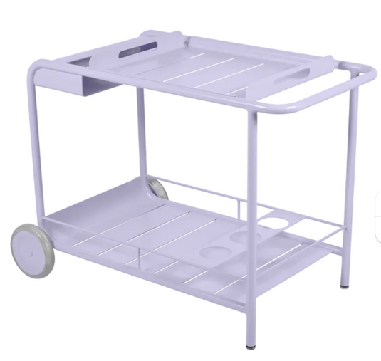Fermob Luxembourg side bar trolley with wheels, designed for restaurant terrace drinks service, featuring a sleek, modern table design.