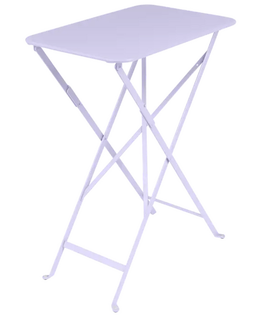 Bright purple Fermob Bistro folding table, 57x37 cm, outdoor metal cafe table with UV-resistant steel, perfect for small spaces.