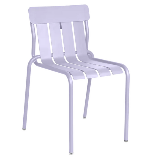 Fermob Stripe Chair Stackable outdoor dining chair with metal frame in white and blue stripes, suitable for patio or garden seating.