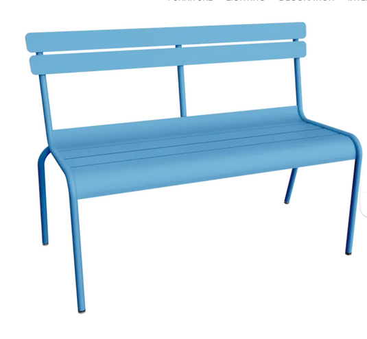 Blue Fermob Luxembourg 2/3-seater outdoor bench with backrest, suitable for patio or hallway, stylish and durable outdoor furniture.