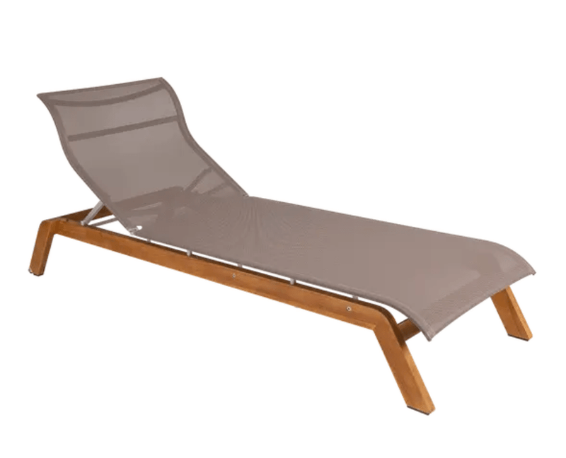 Load image into Gallery viewer, MAUI Teak Sunlounger - Custom Wood DesignsFermob Maui teak sunlounger with beige Batyline fabric and teak frame for outdoor relaxation and lounging.Teak Sunlounger24575194505623BeigeBatyline
