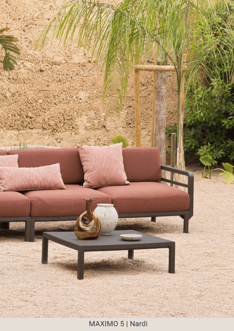 Load image into Gallery viewer, Maximo 5 Modular Outdoor Sofa Seating System - Custom Wood DesignsMaximo 5 modular outdoor sofa by Custom Wood Designs, showing a stylish outdoor seating system on a hotel terrace.Modular Sofa Outdoor24575214437207Terra Lava
