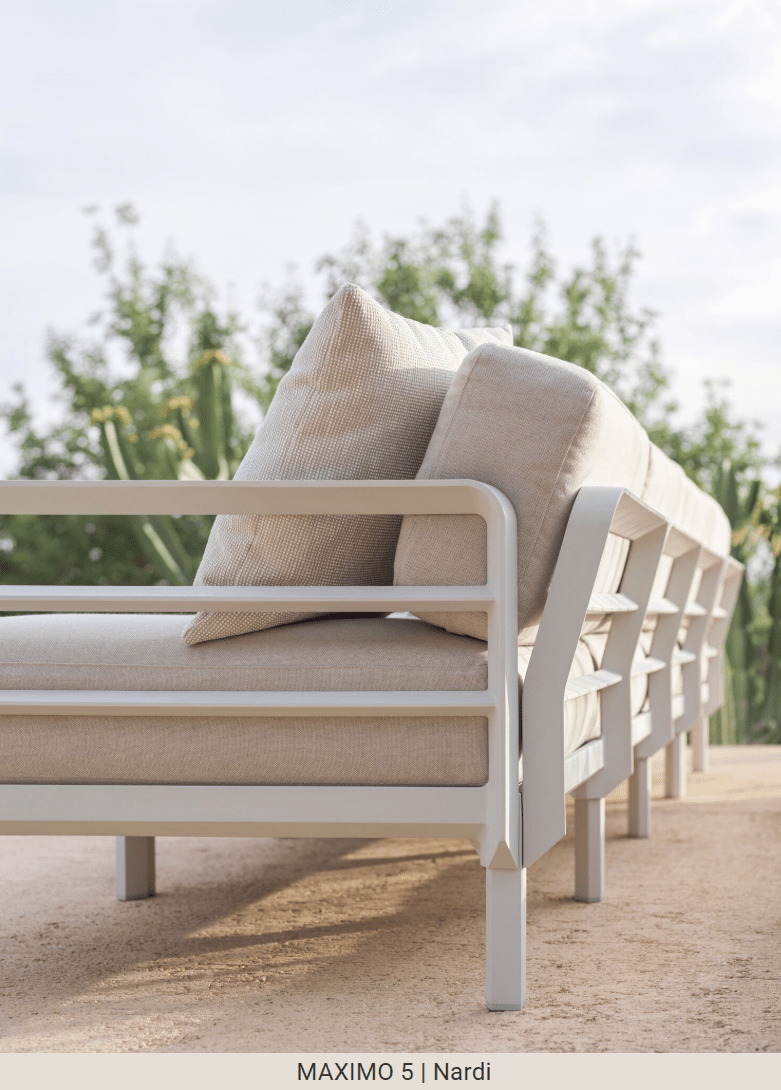 Load image into Gallery viewer, Maximo 5 Modular Outdoor Sofa Seating System - Custom Wood DesignsMaximo 5 Modular Outdoor Sofa by Custom Wood Designs, showing a stylish outdoor seating system on a hotel terrace.Modular Sofa Outdoor24575214437207Terra Lava
