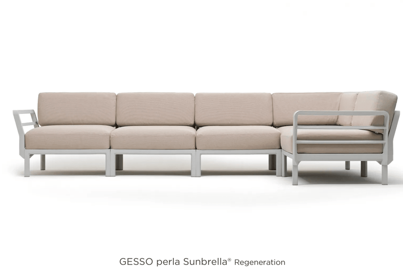 Load image into Gallery viewer, Maximo 5 Modular Outdoor Sofa Seating System - Custom Wood DesignsMaximo 5 modular outdoor sofa seating system by Custom Wood Designs, showing a stylish outdoor lounge with beige cushions on a hotel terrace.Modular Sofa Outdoor24575214569975Gesso Perla
