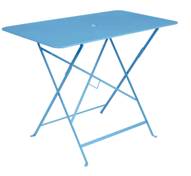 Load image into Gallery viewer, Fermob Maya Blue outdoor foldable metal bistro table, 97x57 cm, UV resistant and powder-coated for durability.
