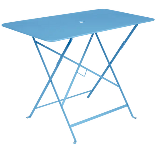 Fermob Maya Blue outdoor foldable metal bistro table, 97x57 cm, UV resistant and powder-coated for durability.