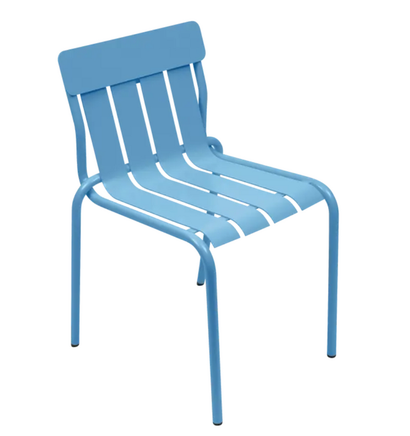Load image into Gallery viewer, Fermob stripe metal outdoor dining chair stacked, Mayablue color, suitable for patio or restaurant outdoor seating.
