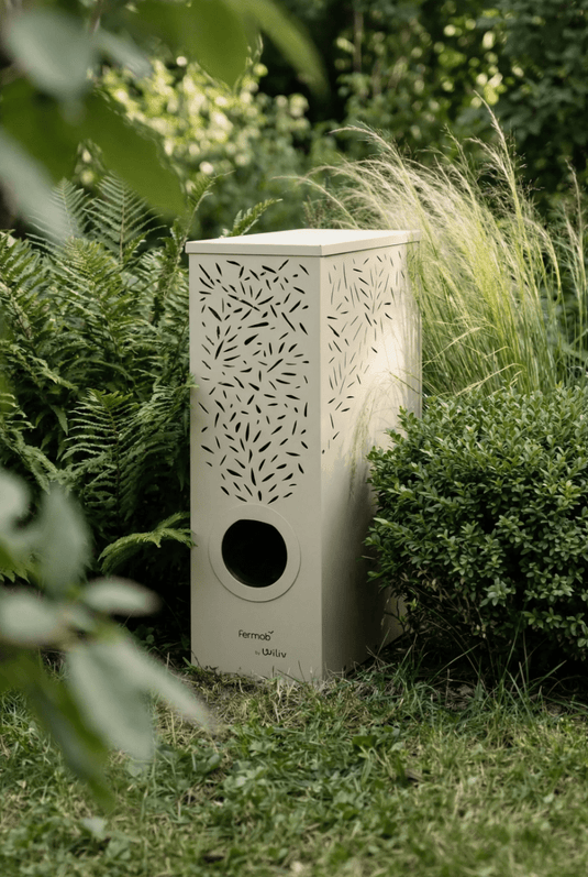 Fermob MOJO Anti-Mosquito Station for mosquito control, shown in a sleek outdoor design with a white and gray finish.