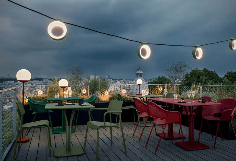 Load image into Gallery viewer, Fermob MOOON! floor lamp, 134 cm tall, wireless design with a modern moon-shaped shade, ideal for living room or bedroom lighting.
