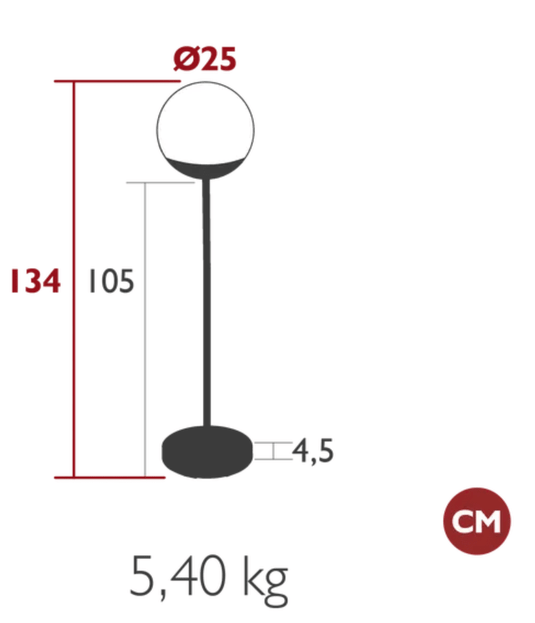 Fermob MOOON! wireless floor lamp, 134 cm tall, with a modern moon-inspired design, shown illuminating a living space.