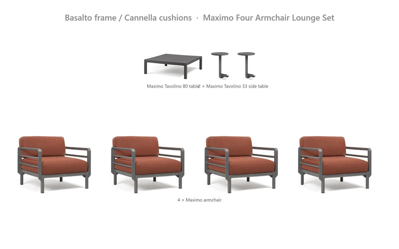 Load image into Gallery viewer, Nardi Maximo Four Armchair Lounge Set – Basalto frame / Cannella cushions
