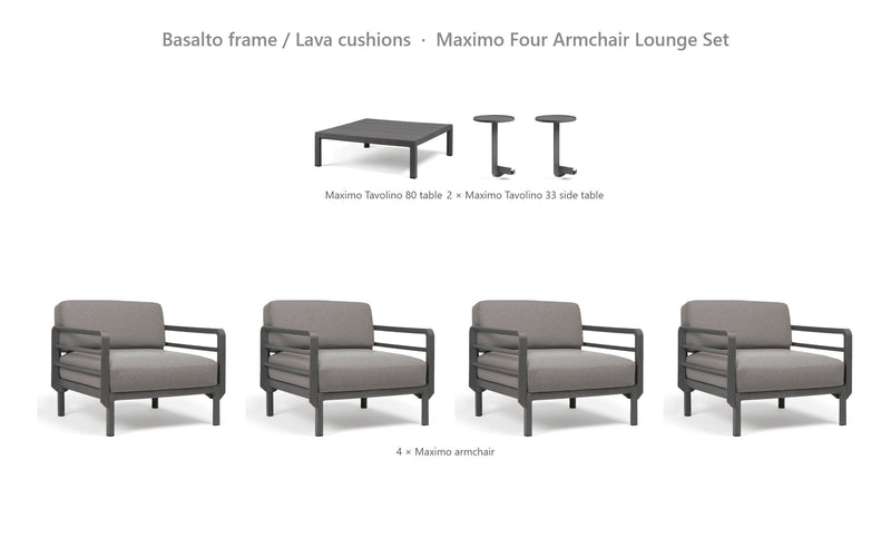 Load image into Gallery viewer, Nardi Maximo Four Armchair Lounge Set – Basalto frame / Lava cushions
