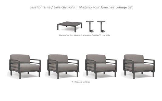 Nardi Maximo Four Armchair Lounge Set – Basalto frame / Lava cushions