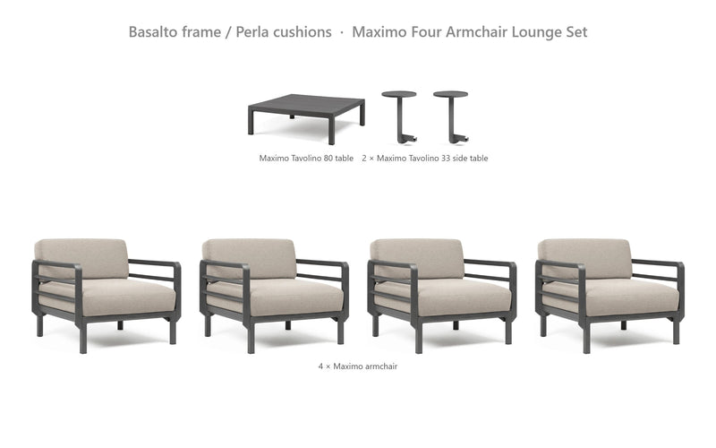 Load image into Gallery viewer, Nardi Maximo Four Armchair Lounge Set – Basalto frame / Perla cushions
