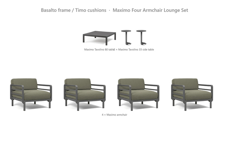 Load image into Gallery viewer, Nardi Maximo Four Armchair Lounge Set – Basalto frame / Timo cushions

