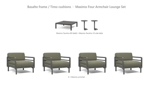 Nardi Maximo Four Armchair Lounge Set – Basalto frame / Timo cushions