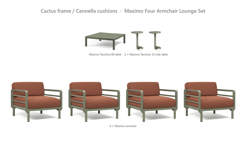 Load image into Gallery viewer, Nardi Maximo Four Armchair Lounge Set – Cactus frame / Cannella cushions
