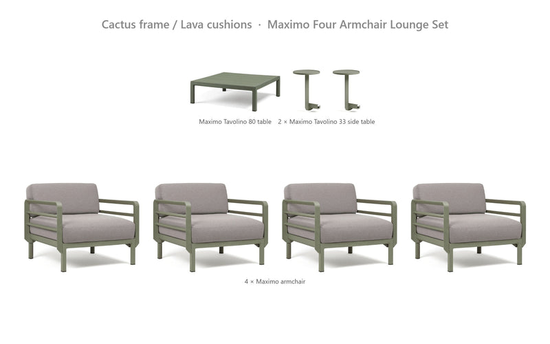 Load image into Gallery viewer, Nardi Maximo Four Armchair Lounge Set – Cactus frame / Lava cushions
