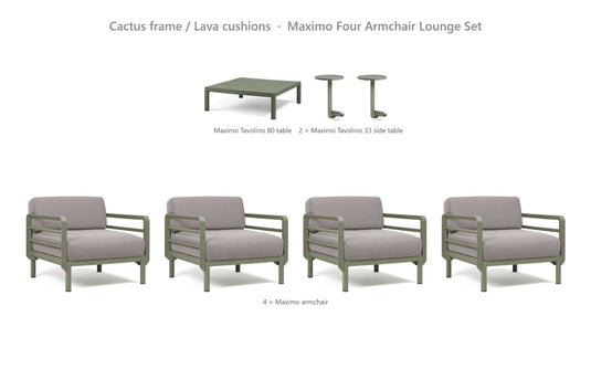 Nardi Maximo Four Armchair Lounge Set – Cactus frame / Lava cushions