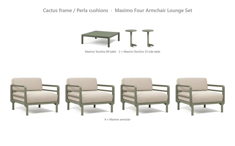 Load image into Gallery viewer, Nardi Maximo Four Armchair Lounge Set – Cactus frame / Perla cushions
