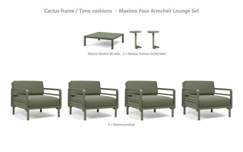 Load image into Gallery viewer, Nardi Maximo Four Armchair Lounge Set – Cactus frame / Timo cushions
