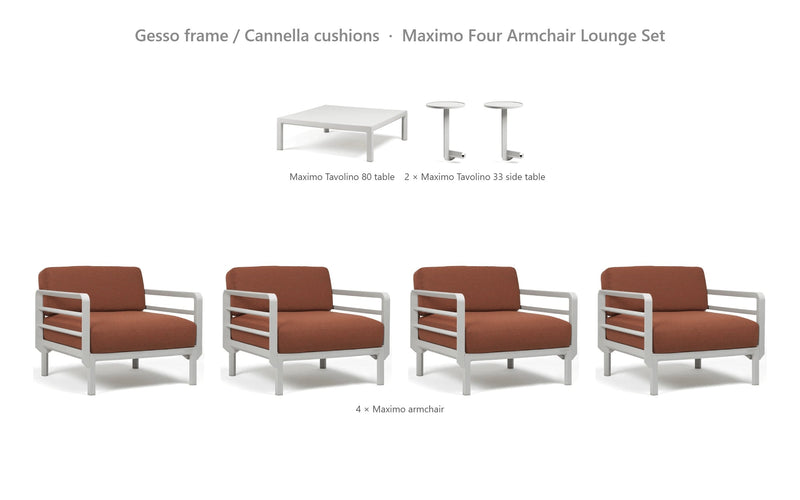 Load image into Gallery viewer, Nardi Maximo Four Armchair Lounge Set – Gesso frame / Cannella cushions
