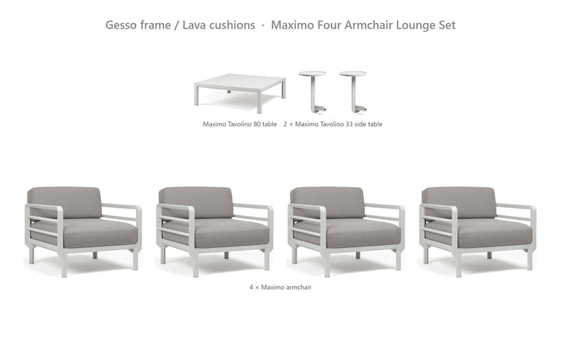 Load image into Gallery viewer, Nardi Maximo Four Armchair Lounge Set – Gesso frame / Lava cushions
