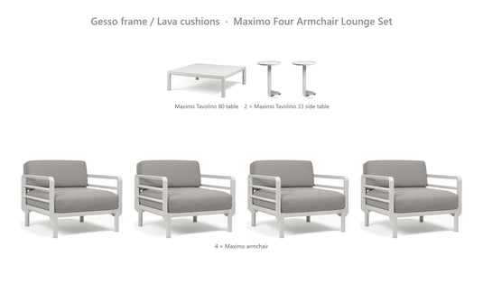Nardi Maximo Four Armchair Lounge Set – Gesso frame / Lava cushions