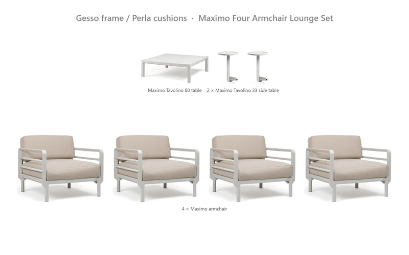 Load image into Gallery viewer, Nardi Maximo Four Armchair Lounge Set – Gesso frame / Perla cushions
