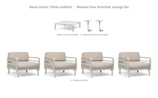 Nardi Maximo Four Armchair Lounge Set – Gesso frame / Perla cushions