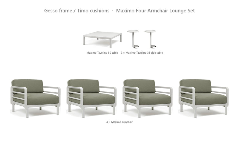 Load image into Gallery viewer, Nardi Maximo Four Armchair Lounge Set – Gesso frame / Timo cushions
